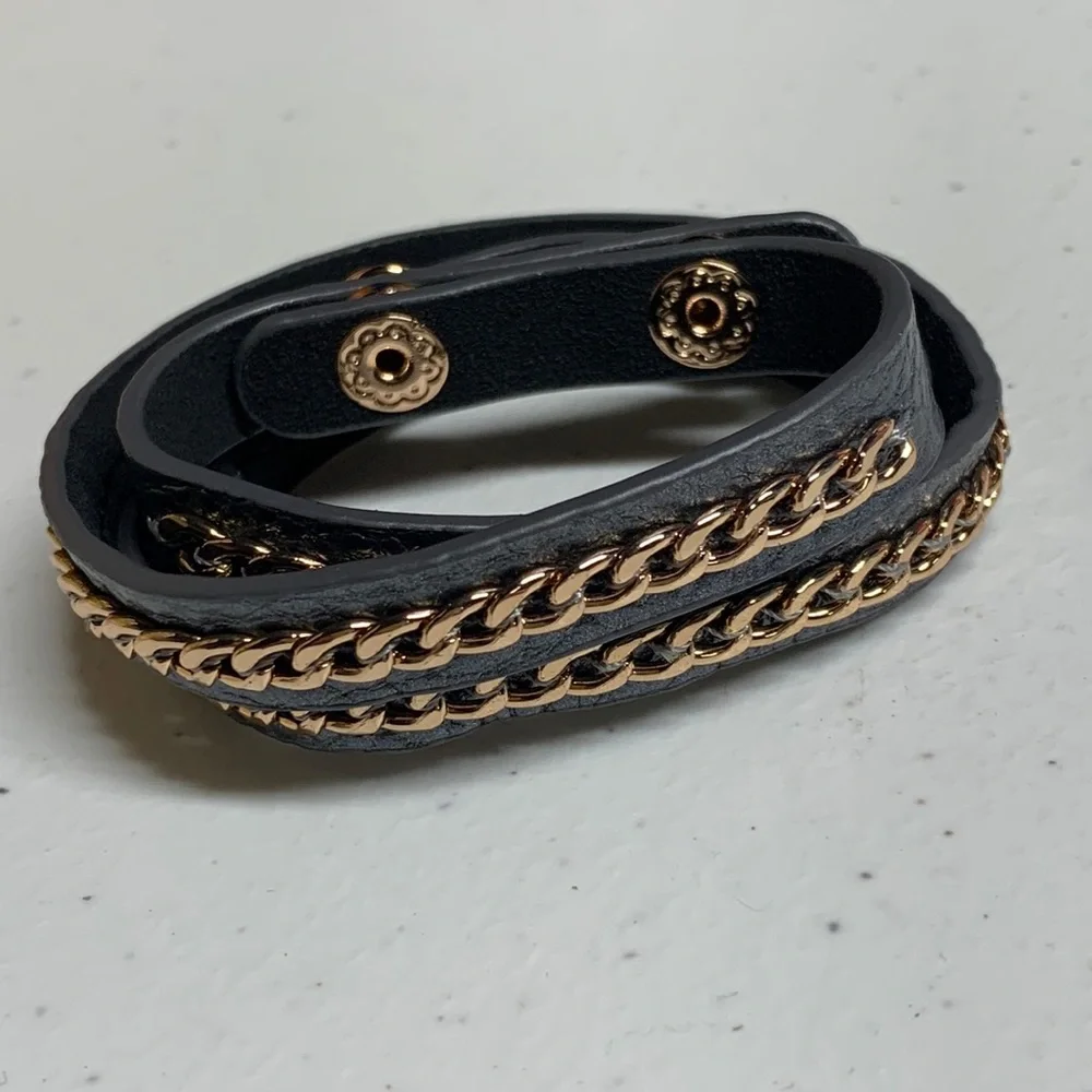 Premier Designs On the Edge Gray Leather, Rose Gold Tone Details Wrap Bracelet
